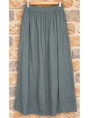 Bryn Walker M 100% Linen Maxi Skirt Long Embroidered Elastic Pockets Sage Green